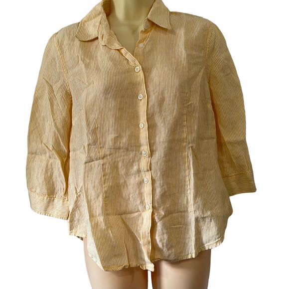 Coldwater Creek Size PM Petite Yellow and White Striped Linen Blouse 3/4 Sleeves - Picture 1 of 9